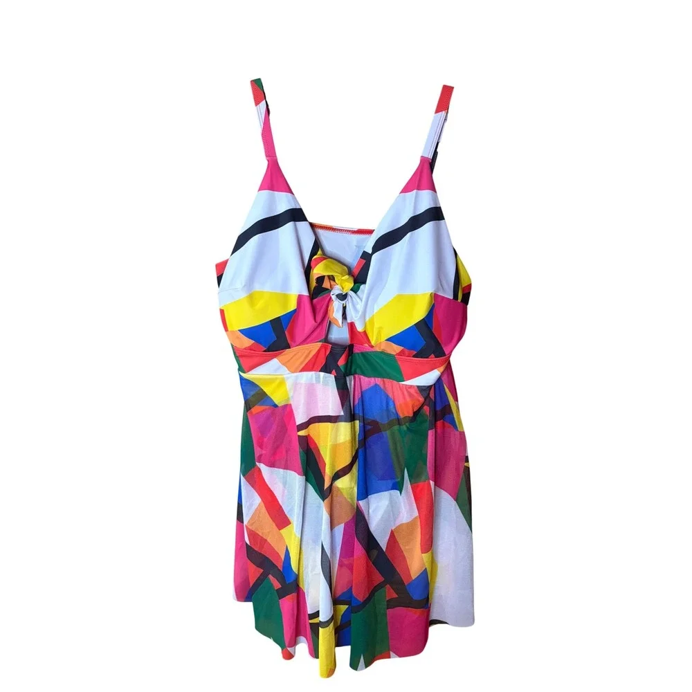 Geometric Abstract Print Swim Dress One Piece Swimsuit Multicolor 4XL